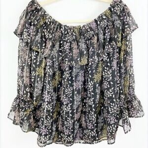 LOFT Black Metallic Multicolor Floral Off-Shoulder Blouse